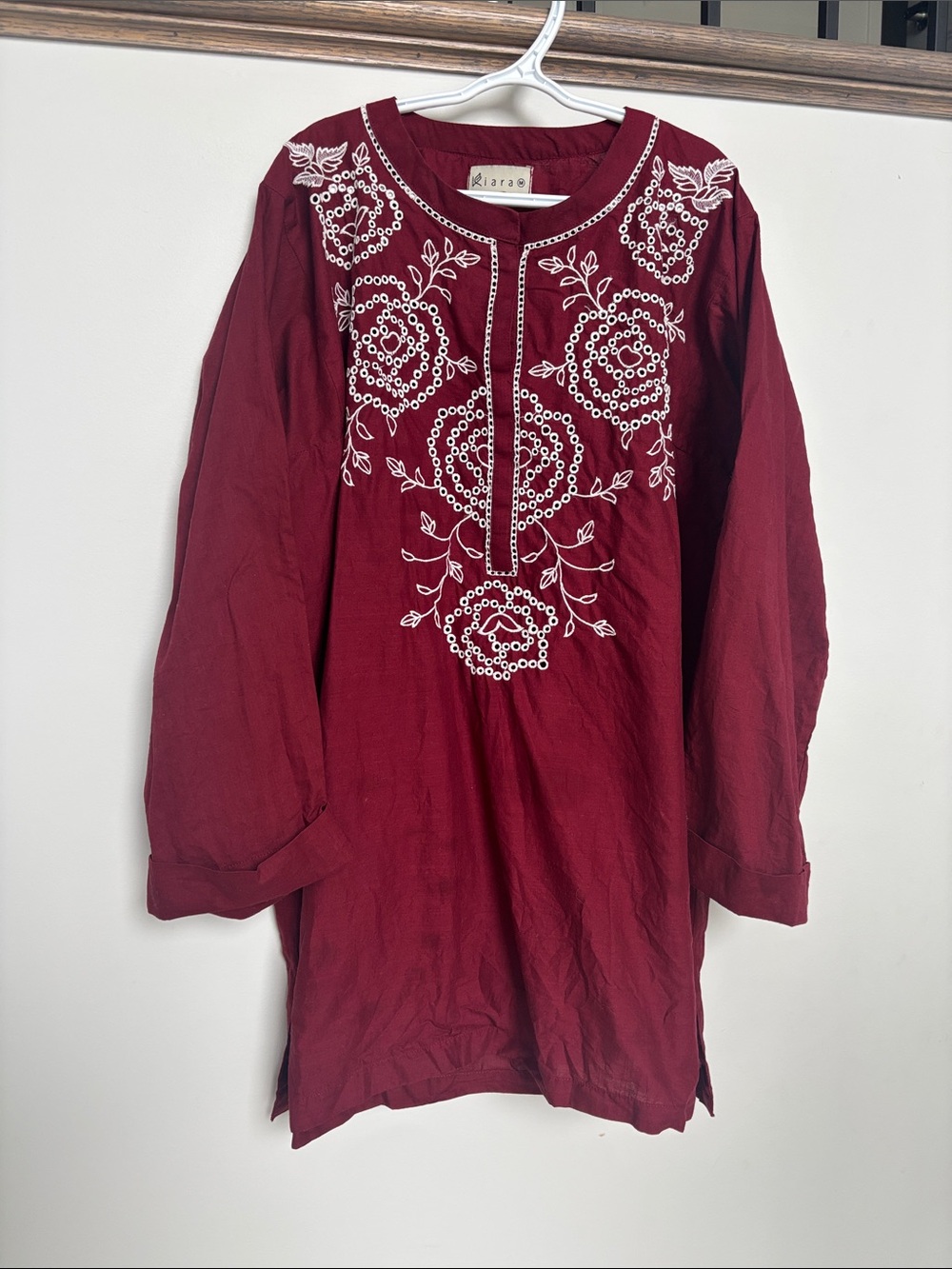 Kiara Maroon Embroidered Front Tunic, size M